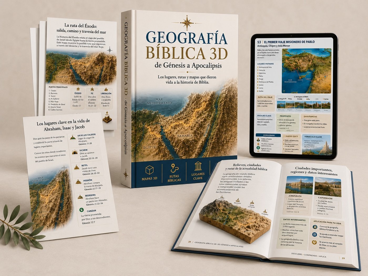 Mockup de Geografía Bíblica 3D: libro, hojas sueltas, tablet y página abierta