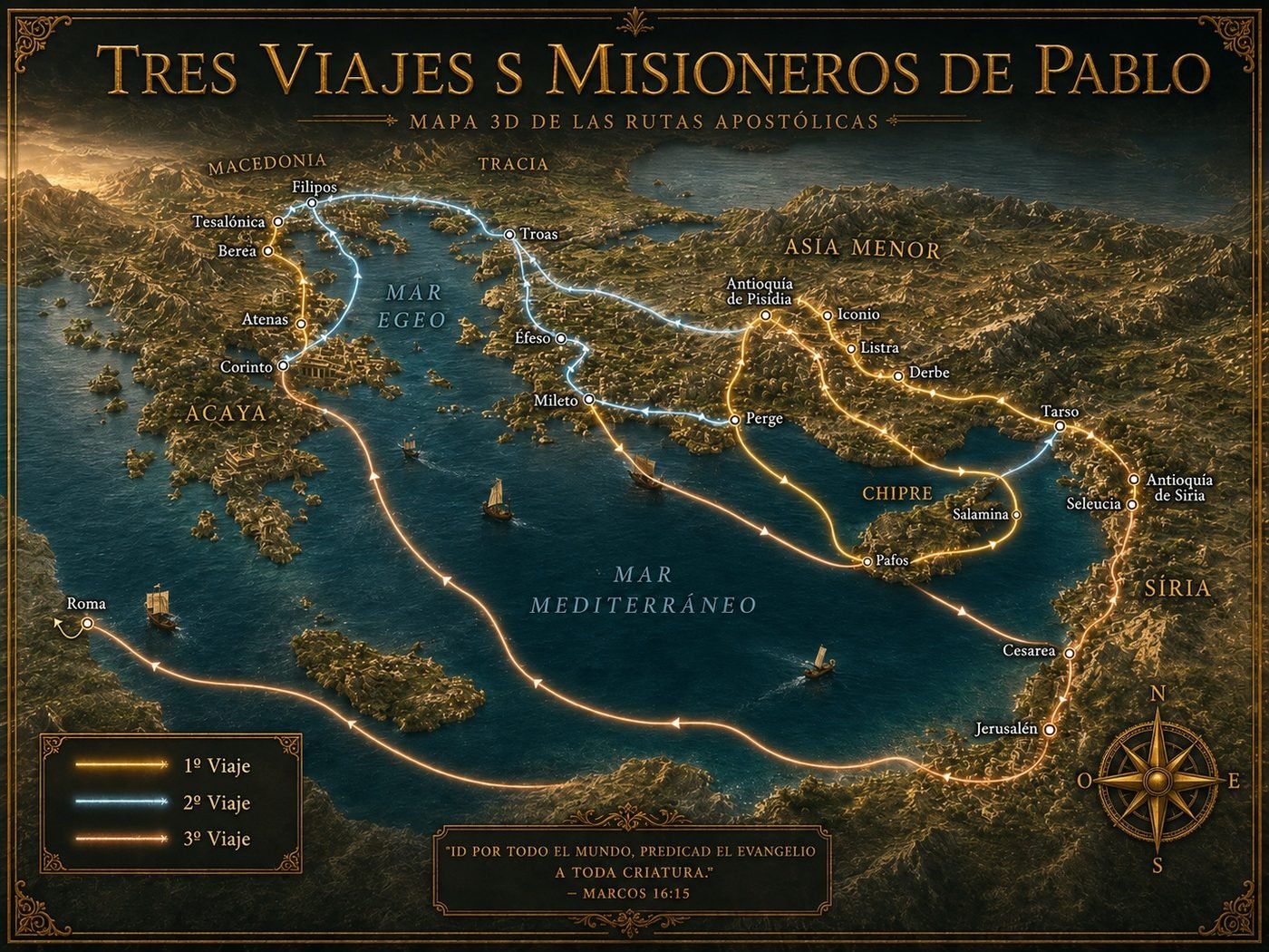 Mapa 3D de las Tres Viajes Misioneros de Pablo